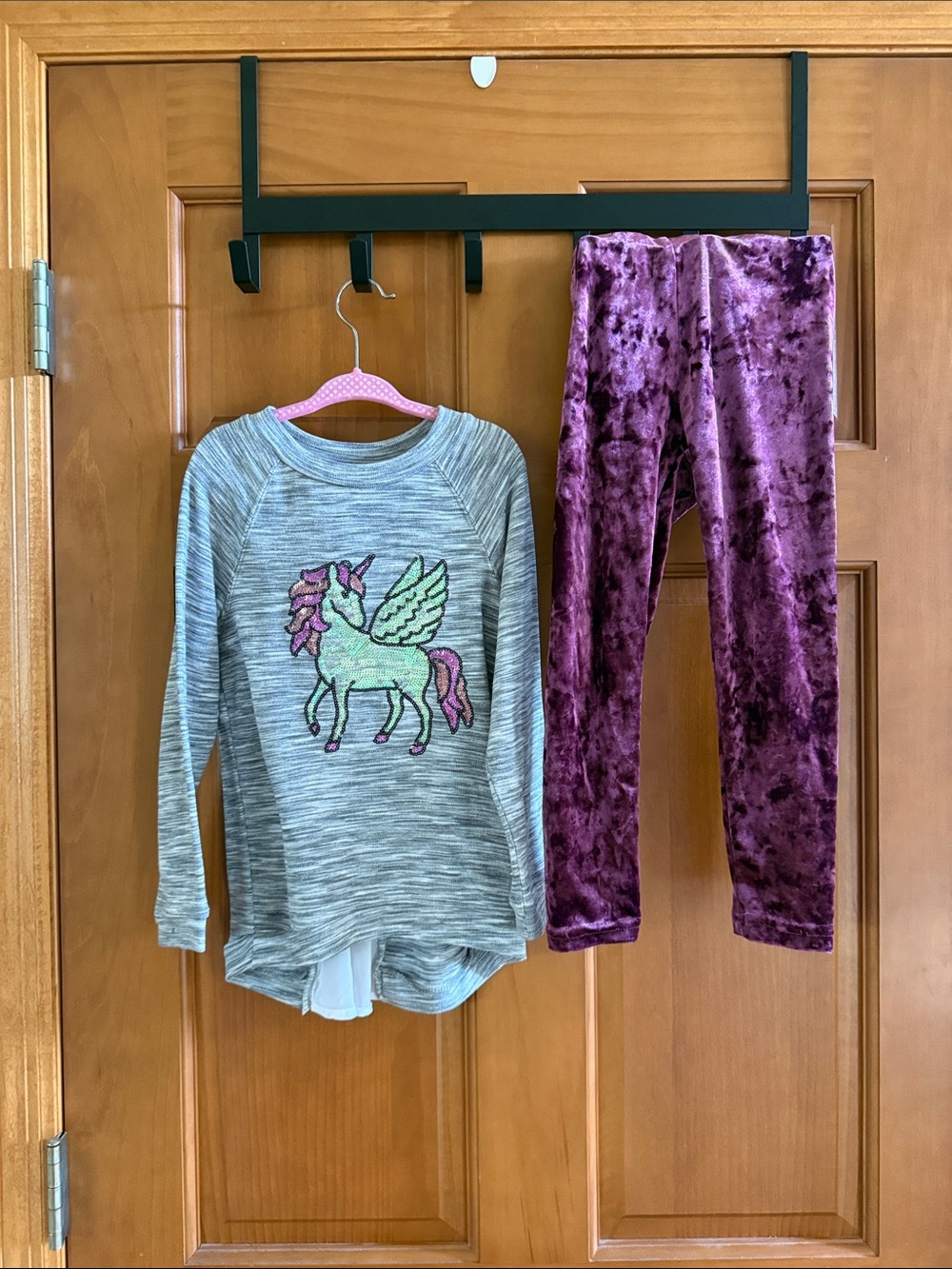 Blush Gray Unicorn Top with Purple Velvet Leggings Set